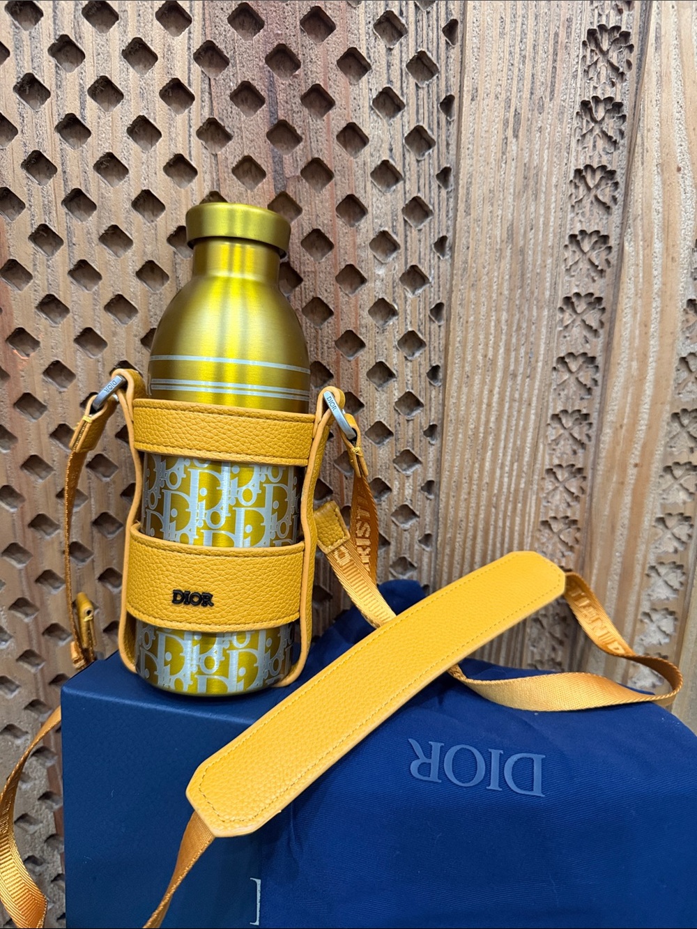 Dior Yellow Leather Bottle Carrier with Branded Yellow Bottle